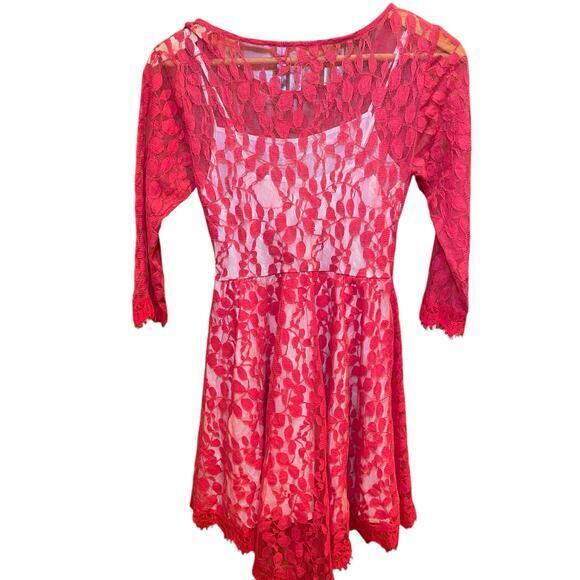 Free People FP Women 2 Floral Mesh Lace Mini Dress Red Lace Overlay 3/4 Sleeves - Picture 12 of 14